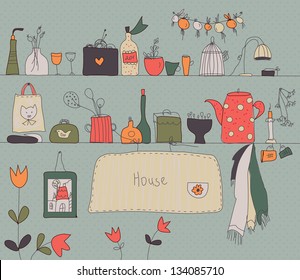 Kitchen shelf vintage background with accessories