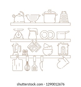 Kitchen shelves. Cooking items pots spoon fork knife pans vector thin linear composition