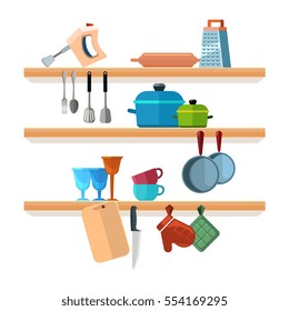 Kitchen shelves with cooking tools and hanging pots vector illustration. Interior of kitchen shelf, utensil and equipment for kitchen.