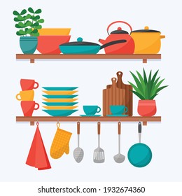 Kitchen shelves with cooking tools. Set of kitchen utensils, vector illustration