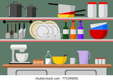 Kitchen shelves with cooking tools utensils. Cake making concept. Vector illustration