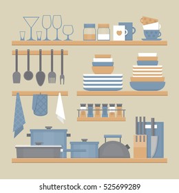 Kitchen shelves and cooking utensils. Flat style, vector illustration.