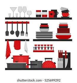 Kitchen shelves and cooking utensils. Flat style, vector illustration.