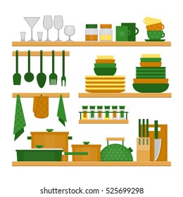 Kitchen shelves and cooking utensils. Flat style, vector illustration.