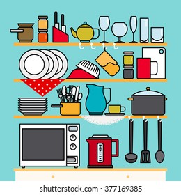 Kitchen shelves with cooking utensils. Vector kitchen utensils