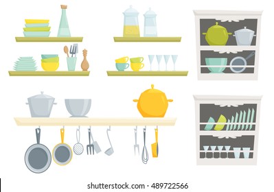 Kitchen shelves and cupboard with  kitchenware and utensil for house, cafe, restoran, home interior design. 