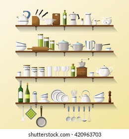 Kitchen Shelves With Dishes And Pots