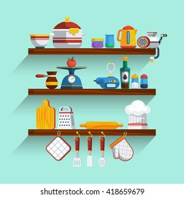 Kitchen Shelves with Flat Cooking Icons Set Vector Illustration