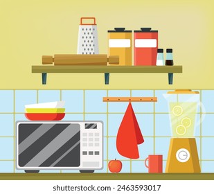 Estantes de cocina con artículos de cocina. Utensilios, equipo de cocina.