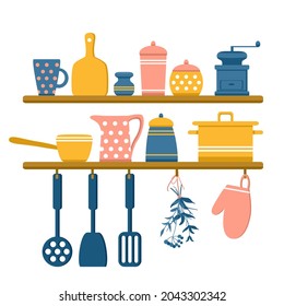 Kitchen shelves with jars of spices, pots, coffee grinder, mug, jug and bowls. Dried herbs, potholders and kitchen spatulas hang under the shelves. Vector illustration in flat style.