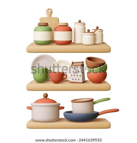 Kitchen shelves. Kitchenware 3d elements stand on shelf. Bowls and cup, pan and pots. Cooking and food preparation utensils, pithy vector concept