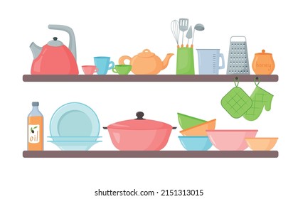 Kitchen shelves. kitchenware dishes cups and cooking devises on wooden shelves. Vector illustration