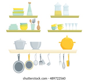 Kitchen shelves with kitchenware and utensil for house, cafe, restoran, home interior scene design. 
