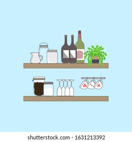 Kitchen shelves and kitchenware utensils in retro style, Set of kitchenware on shelves, Hand drawn doodle vector style.