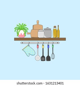 Kitchen shelves and kitchenware utensils in retro style, Set of kitchenware on shelves, Hand drawn doodle vector style.