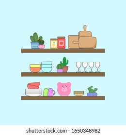 Kitchen shelves and kitchenware utensils in retro style, Set of kitchenware on shelves, Hand drawn doodle vector style.