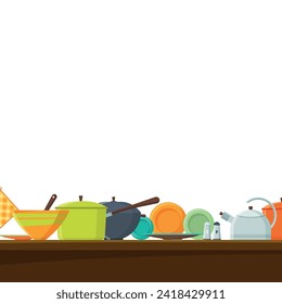 Kitchen shelves. plates and pots. vector background