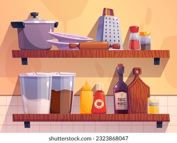 Estantes de cocina con un juego de herramientas de cocina, utensilios, comida en tarros y platos. Equipamiento doméstico o de restaurante para cocinar. Estantes de madera con cartón de corte, cartón y maceta, ilustración de dibujos vectoriales