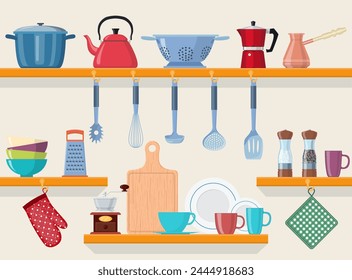 Estantes de cocina con vajilla. Estantes de cocina con utensilios de cocina y ollas colgantes. interior del hogar. Ilustración vectorial de patrones sin fisuras en estilo plano.