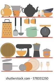 Kitchen shelves with tableware. Vector illustration