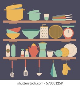 Kitchen shelves with tableware. Vector illustration