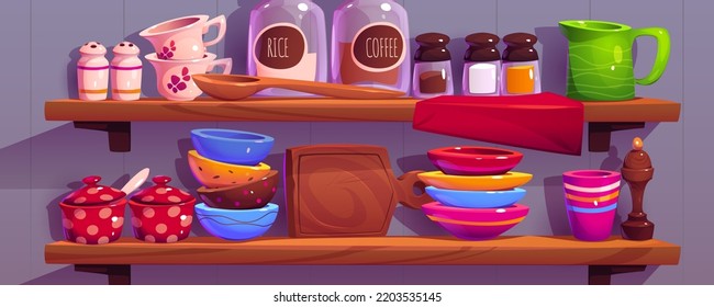 Kitchen shelves with utensil, kitchenware, cups, plates and dishes. Coffee, salt, pepper pot, wood cutting board, glass seasoning jars on wooden wall rack, household interior Cartoon illustration