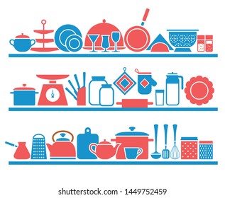 Kitchen Shelves With Utensils For Cooking Modern Silhouette Icons Home Tableware