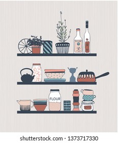 Kitchen shelves with utensils,hand sketch with contour lines. Vector illustration.