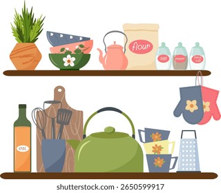 Kitchen shelves with various kitchen utensils. Dishes - salad bowls, teapot, cutting board and cups. Grater, spices in jars, flour, olive oil. Concept of a fragment of the interior of a home kitchen