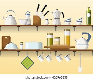 Kitchen shelving with tableware, seamless, part 3 of 4