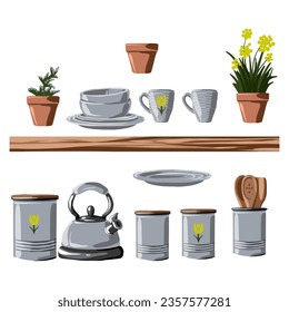 Kitchen shelving unit with utensils. Vector illustration