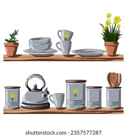 Kitchen shelving unit with utensils. Vector illustration