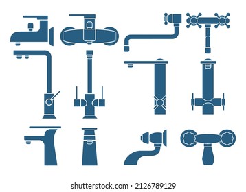 Kitchen shower faucets. Bath taps plumbing icons, water mixers front and side view, waters tub cranes sanitary engineering vector silhouettes isolated illustration on white