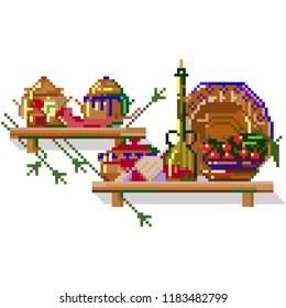 Kitchen sights. Pixel art style icons. Isolated vector illustration.