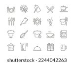 Kitchen signs. Cook icons. Food eating. Cooking pan. Plate with fork and spoon. Pot and knife for chef. Prepare time. Utensils and cutlery serving. Recipe book. Vector line pictograms set
