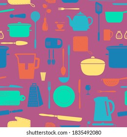 Kitchen silhouette set, vector pattern, bright fashionable, trendy colors.