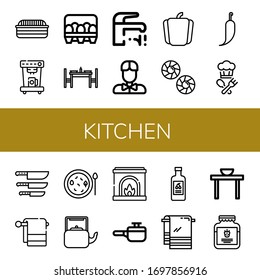kitchen simple icons set. Contains such icons as Bread, Coffee machine, Eggs, Dinning table, Faucet, Waiter, Pepper, Cookie, Hot pepper, Cook, can be used for web, mobile and logo