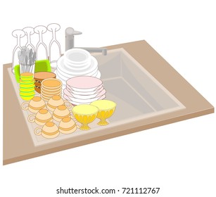 Kitchen sink. Clean dishes are accurately stacked on the sink near the sink. Bowls, cups, spoons, forks washed and they dry. Vector illustration.