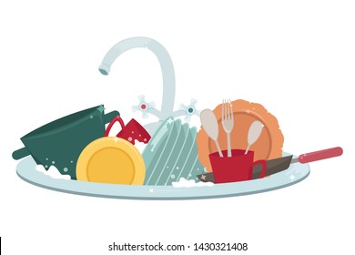 Kitchen sink with clean dishes and towels. Housework.