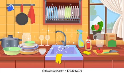 Kitchen sink with clean dishes.Clean kitchen. A concept for cleaning companies.Flat cartoon vector illustration.