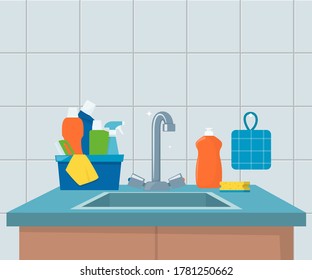 Kitchen sink. Clean sink with kitchenware, modern furniture and utensils. Washing dishes kitchen sink, vector illustration