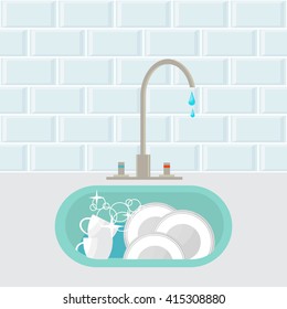 Kitchen sink with clear kitchenware. Vector illustration