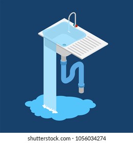 kitchen sink is clogged. Leakage canalization. Litter in pipe. Isometry style