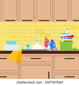 Kitchen sink. Crane in the kitchen. Vector flat illustration.