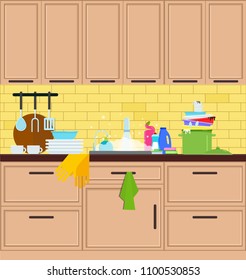 Kitchen sink. Crane in the kitchen. Vector flat illustration.