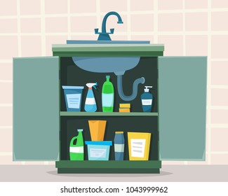 Kitchen sink with detergents. Flat cartoon style vector illustration.
