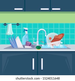 Kitchen sink dirty dishes. Background with plates bowls mugs for water cleaning vector cartoon illustration