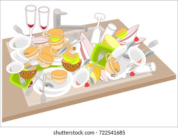 
Kitchen sink. Dirty dishes fill the sink. Bowls, cups, spoons, forks, glasses dropped on a pile. It is necessary to wash the dishes. Vector illustration.
