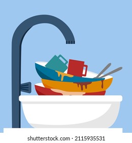 Kitchen sink with dirty dishes in flat design. Unclean cookware concept vector illustration.