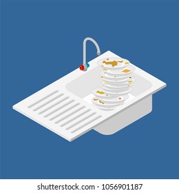 Kitchen sink and lot of dirty dishes. Isometric style vector illustration

